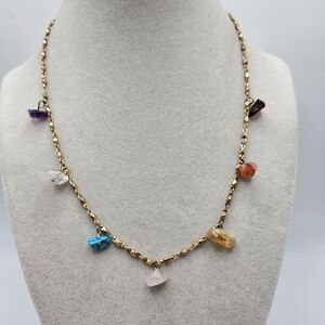 VINTAGE Gold Tone Genuine Stone Charm Necklace Turquoise Amethyst Quartz Citrine